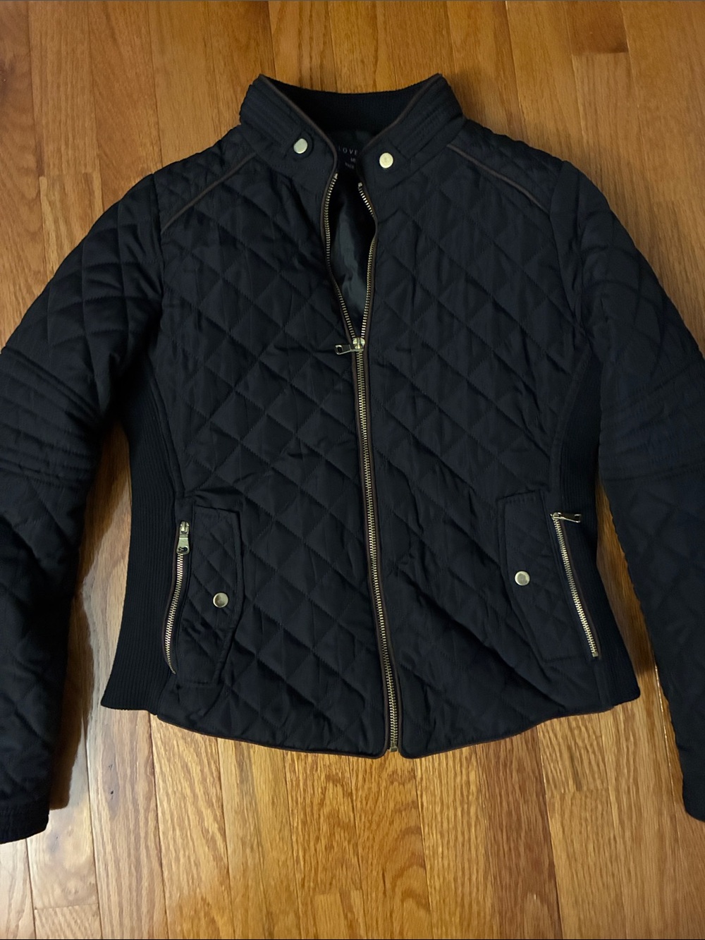 Love Tree Black Quilted Bomber Jacket with Gold Hardware